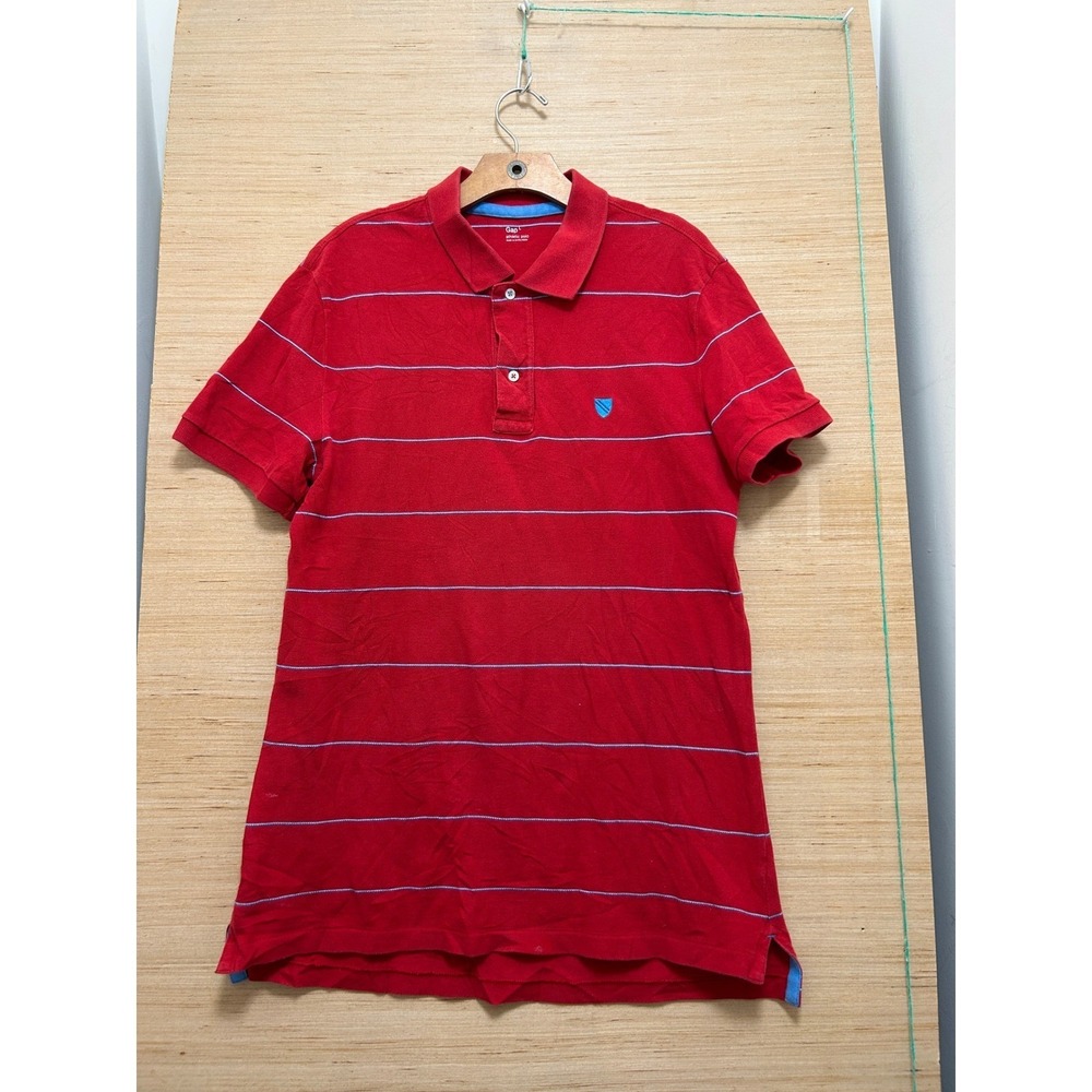 Gap Mens Red Striped Athletic Polo Shirt Short Sleeve Blue Logo Size Large‎